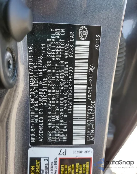 2012 Toyota Camry Base from USA, damaged, VIN 4T4BF1FK3CR169739